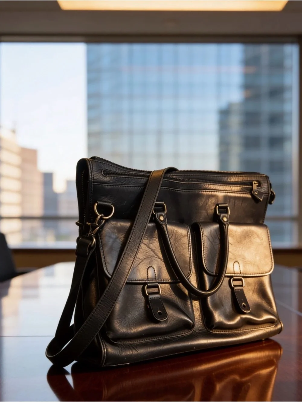 Eddie Bauer vintage Black Leather Briefcase with Dual Front Pockets